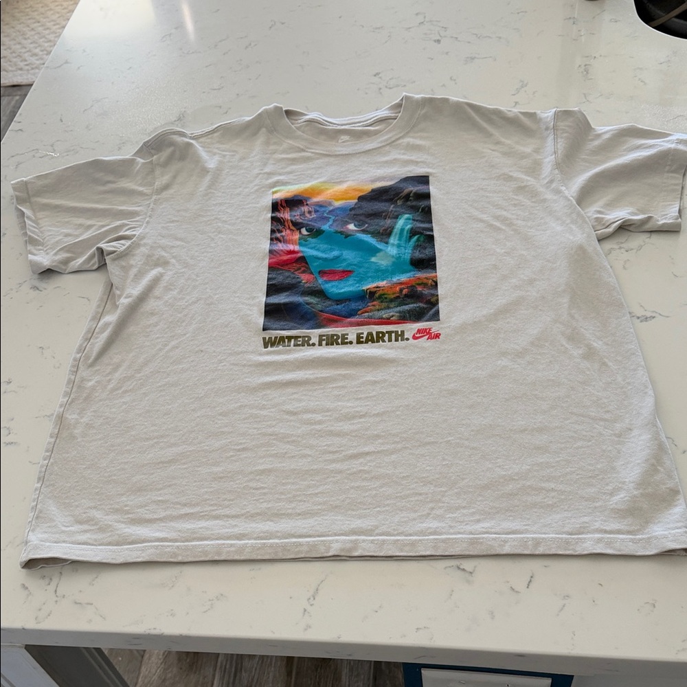 Nike Air loose fit men’s XL beige Graphic Tee with Water.Fire.Earth Design